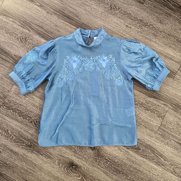 Payal Jain Carrington Embroidered Puff-Sleeved Blue Blouse - Picture 1 of 7